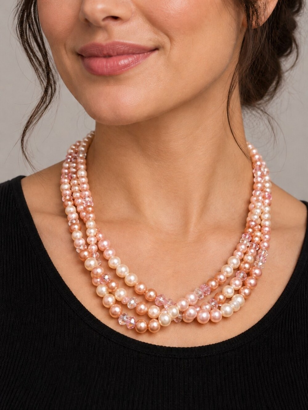 Pearl and Pink Crystal Multi-Strand Necklace